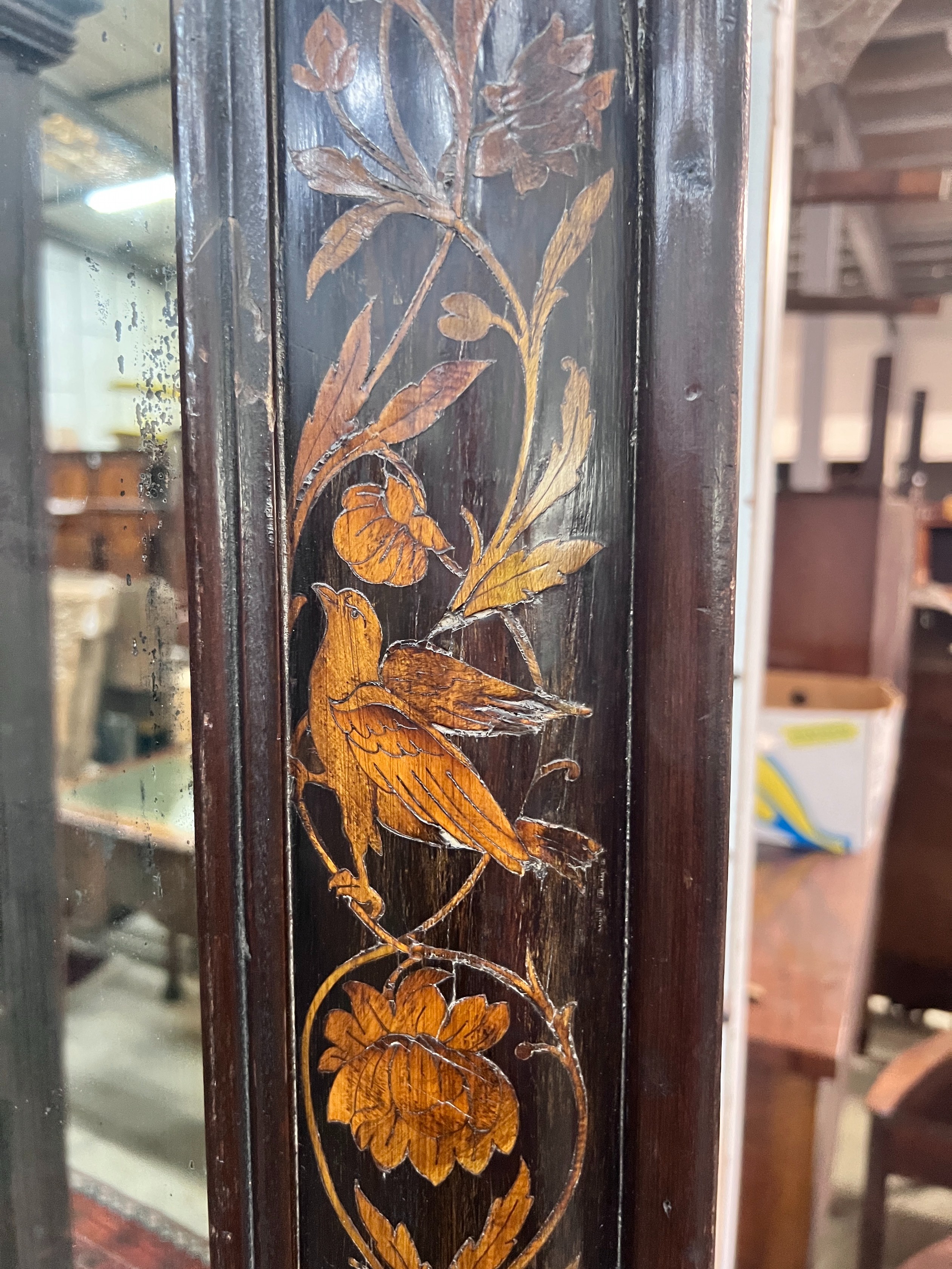 A William and Mary style marquetry inlaid rectangular walnut cushion framed wall mirror, width 66cm, height 120cm *Please note the sale commences at 9am.